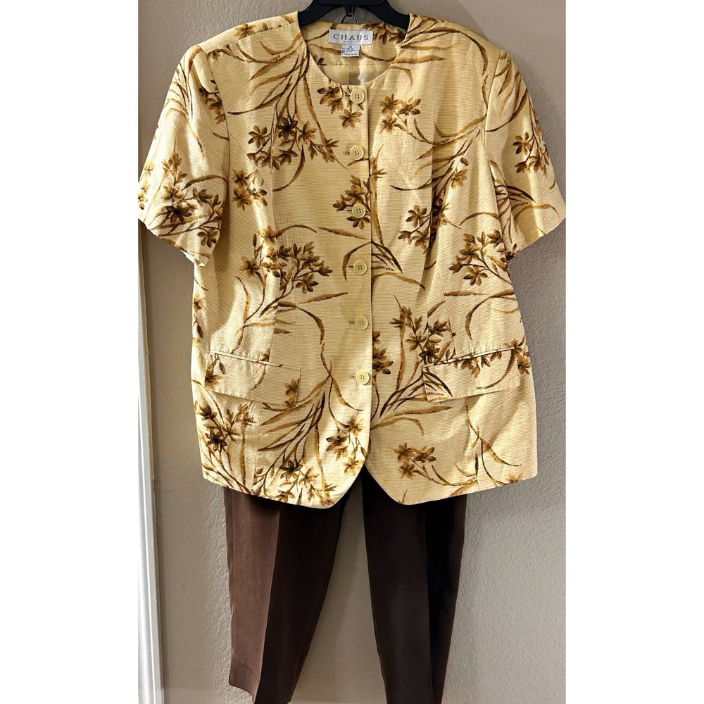 VTG 90's Chaus 2 Piece Set Womens Plus 18 Beige Brown Floral Jacket Pants set